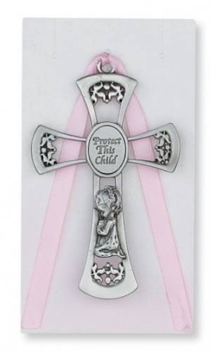 Crib Medal Cross Pewter Protect This Child Girl