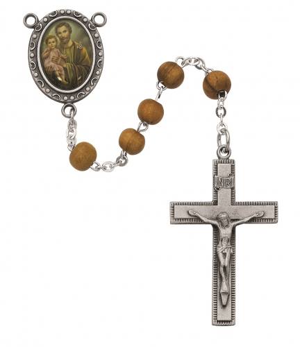 Rosary St. Joseph Pewter Silver Olive Wood Beads