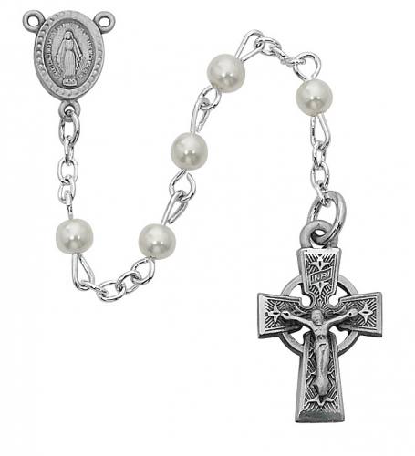 Rosary Baptism Miraculous Medal Celtic Pewter Silver Pearl Beads