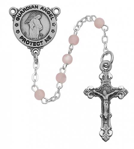 Pink Pearlized 4mm Glass Bead Sterling Silver Miraculous Medal Center Rosary