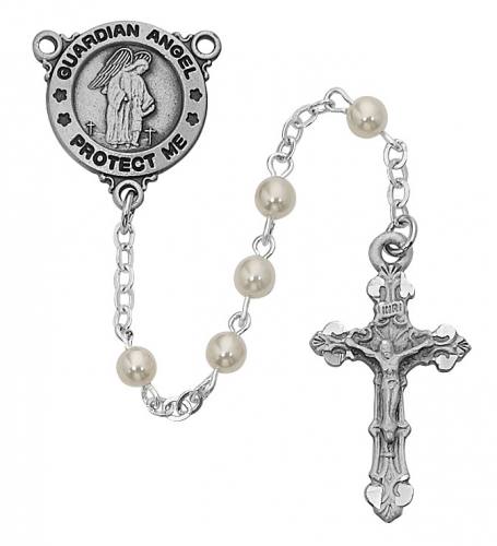 Rosary Baptism Guardian Angel Medal Pewter Silver Pearl Beads