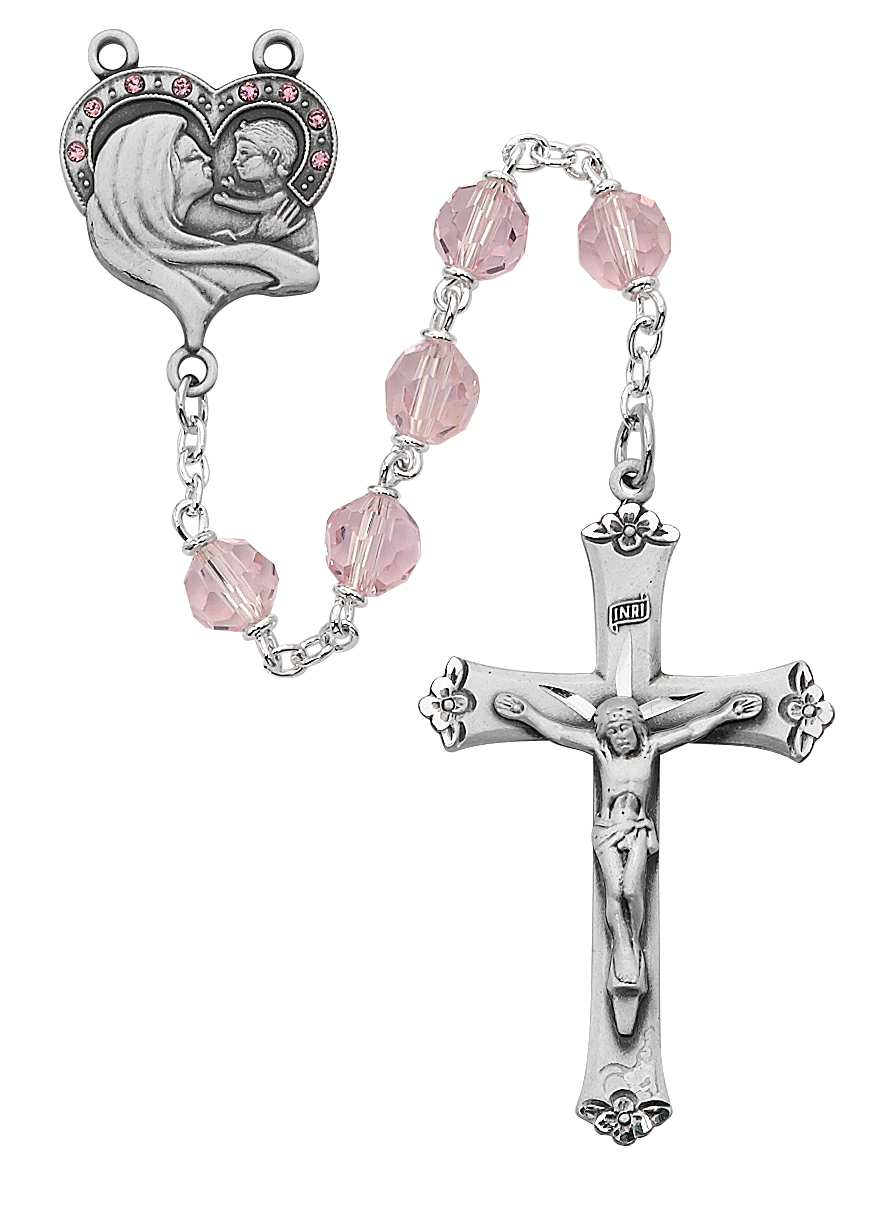 Mother and Child Pink Crystal Rosary Sterling Silver