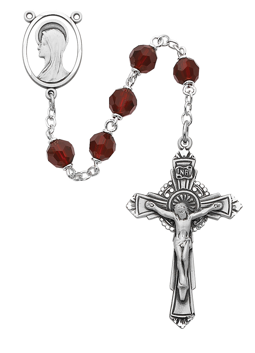 Dark Red Tin Cut Crystal Rosary Sterling Silver