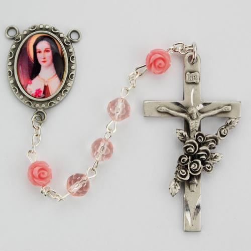 Rosary St. Therese Lisieux Pewter Pink Crystal & Rose Bead