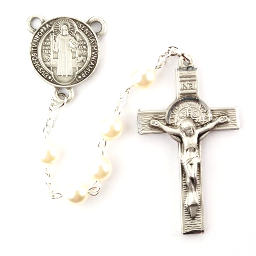 Rosary St. Benedict Medal Pewter Silver White Pearl Beads