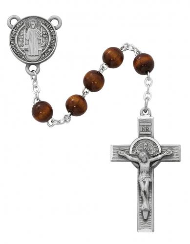 Rosary St. Benedict Medal Pewter Silver Brown Wood Beads