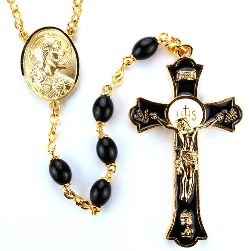 Rosary Sacred Heart Medal Holy Mass Pewter Gold Black Glass Bead