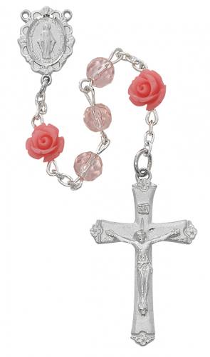 Rosary Miraculous Medal Rhodium Silver Pink Crystal Rose Beads