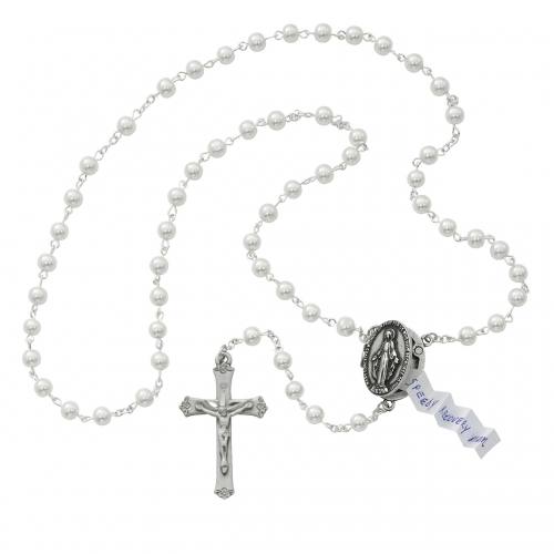 Rosary Miraculous Medal Prayer Petition Pewter White Pearl Beads