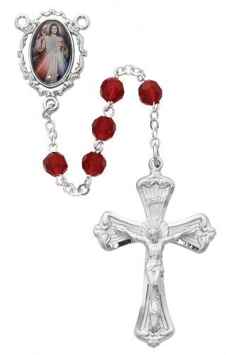 Rosary Jesus Divine Mercy Pewter Silver Red Crystal Beads