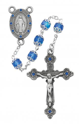 Rosary Miraculous Medal Pewter Silver Blue Glass Capped Beads