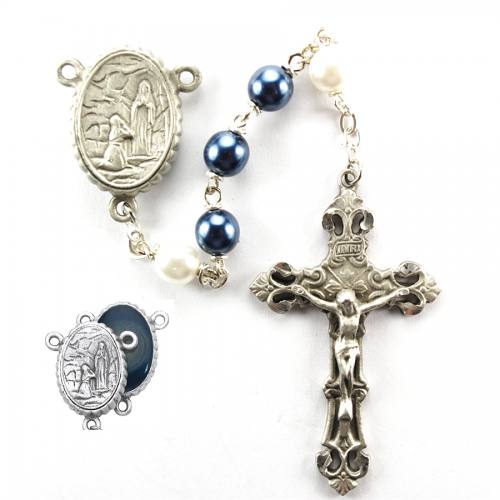 Rosary Mary Lourdes Water Pewter Silver Blue & White Pearl Beads