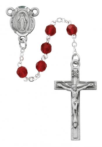 Rosary Miraculous Medal Pewter Silver Garnet Crystal Beads