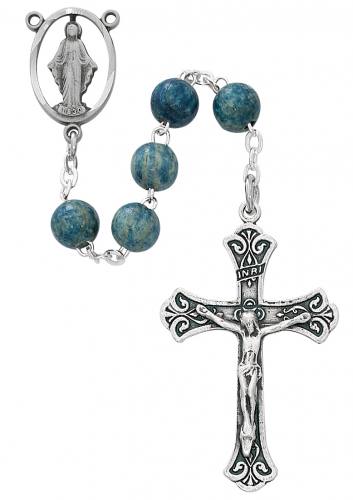 Rosary Miraculous Medal Oxidized Silver Blue Wood Beads