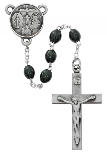 Rosary Four Way Medal Pewter Silver Black Wood Beads