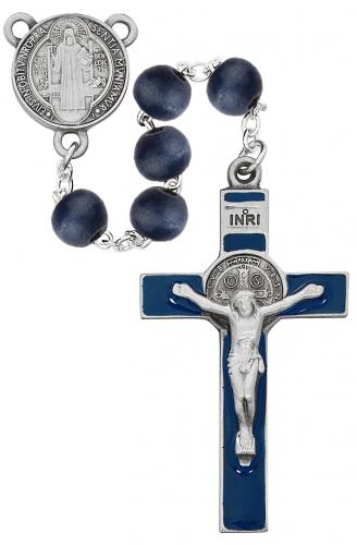 Rosary St. Benedict Medal Pewter Silver Blue Wood Beads