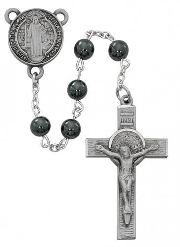 Rosary St. Benedict Medal Pewter Silver Hematite Beads