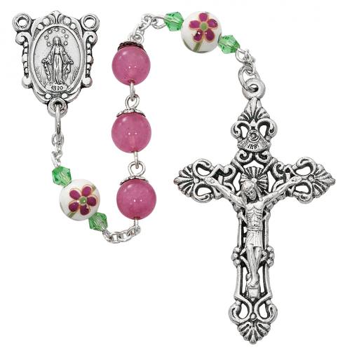 Rosary Miraculous Medal Oxidized Silver Pink Glass Flower Beads