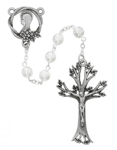 Rosary Mary Pewter Dogwood Crucifix White Glass Beads