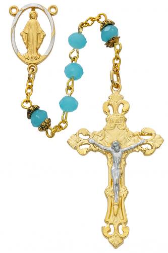 Rosary Miraculous Medal Pewter Gold Aqua Glass Beads