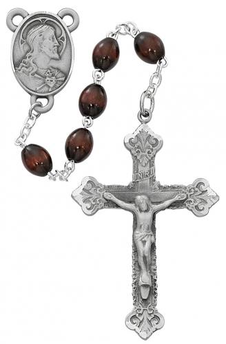 Rosary Sacred Heart Medal Pewter Silver Brown Wood Beads