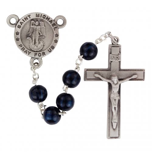 Rosary St. Michael Archangel Medal Pewter Silver Blue Wood Beads
