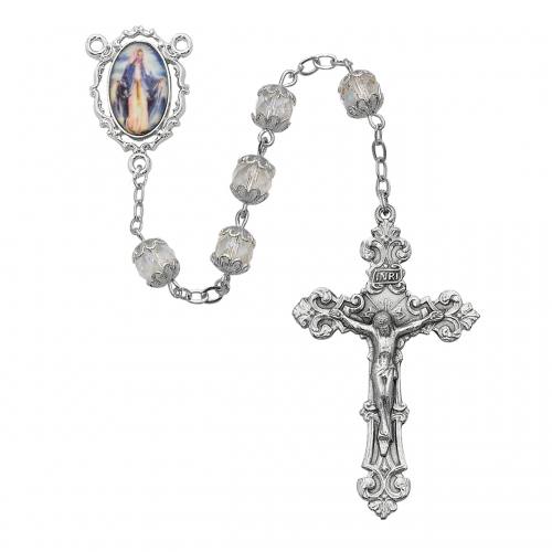 Rosary Mary Our Lady of Grace Pewter Silver Crystal Beads