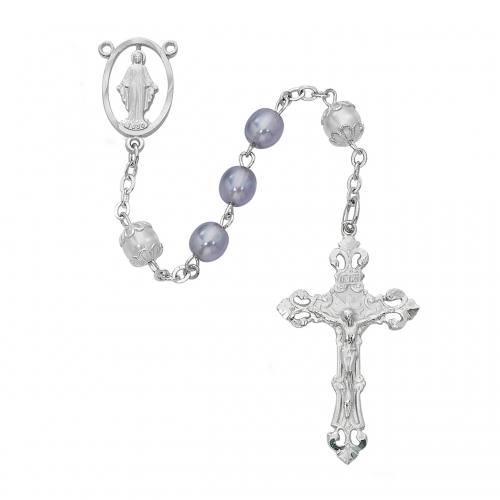 Rosary Miraculous Medal Pewter Silver Lavender Pearl Beads