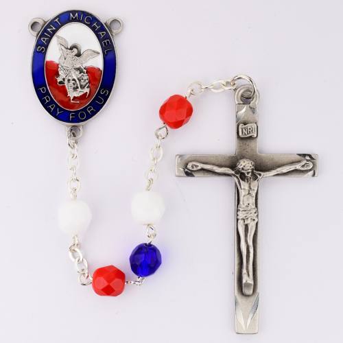 Rosary St Michael Archangel Medal Pewter Silver Black Wood Beads