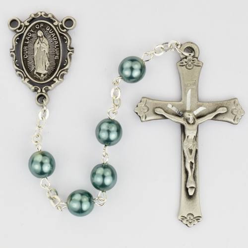 Rosary Mary Our Lady Guadalupe Pewter Teal Pearl Beads