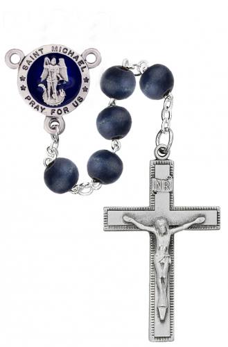 Rosary St. Michael Archangel Medal Pewter Silver Blue Wood Beads