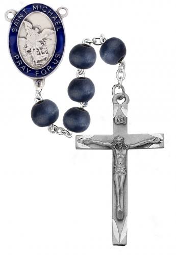 Rosary St. Michael Archangel Medal Pewter Silver Blue Wood Beads