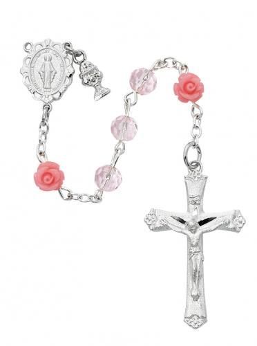 Rosary 1st Communion Miraculous Medal Rhodium Crystal Flower