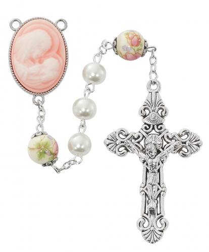 Rosary Mary 8mm Pearl 10mm Ceramic O.F. Beads