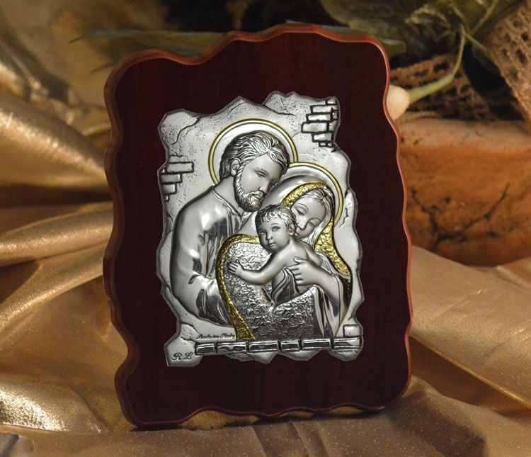 Icon Italian Silver Holy Family Wood Plaque