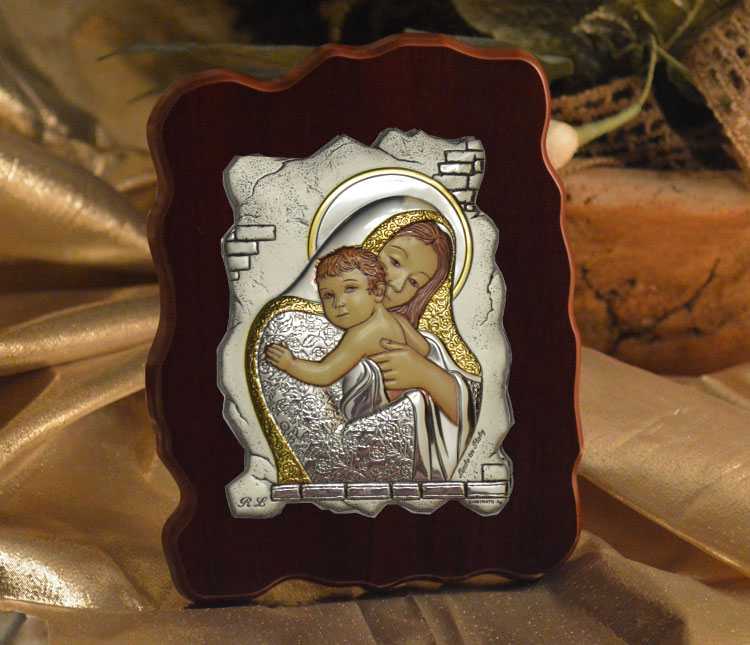 Icon Italian Silver Colored Madonna & Child Wood Plaque