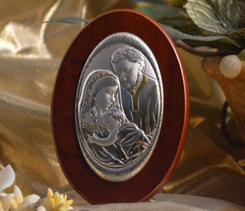 Icon Italian Silver Holy Family Wood Plaque