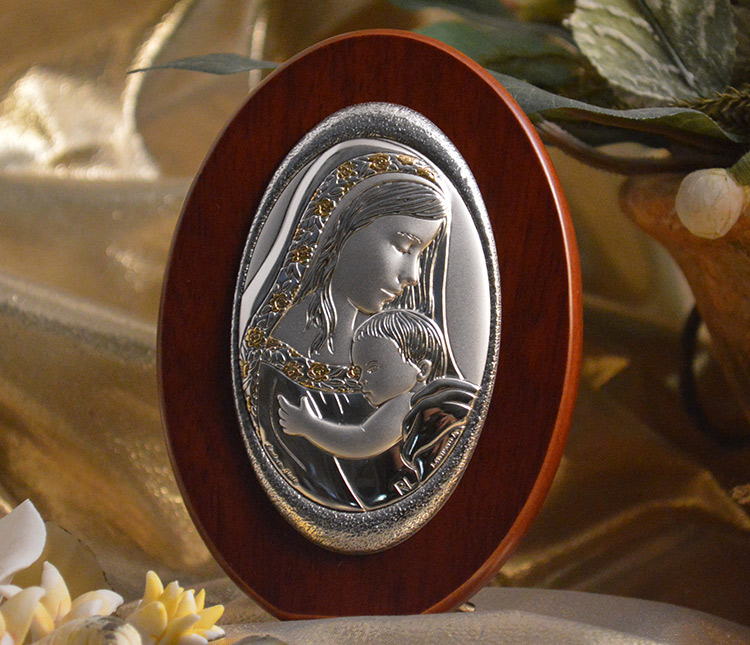 Icon Italian Silver Madonna & Child Wood Plaque