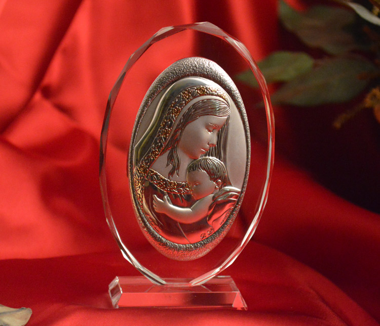 Icon Italian Silver Madonna & Child Glass Plaque
