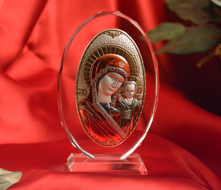 Icon Italian Silver Colored Madonna & Child Glass Plaque