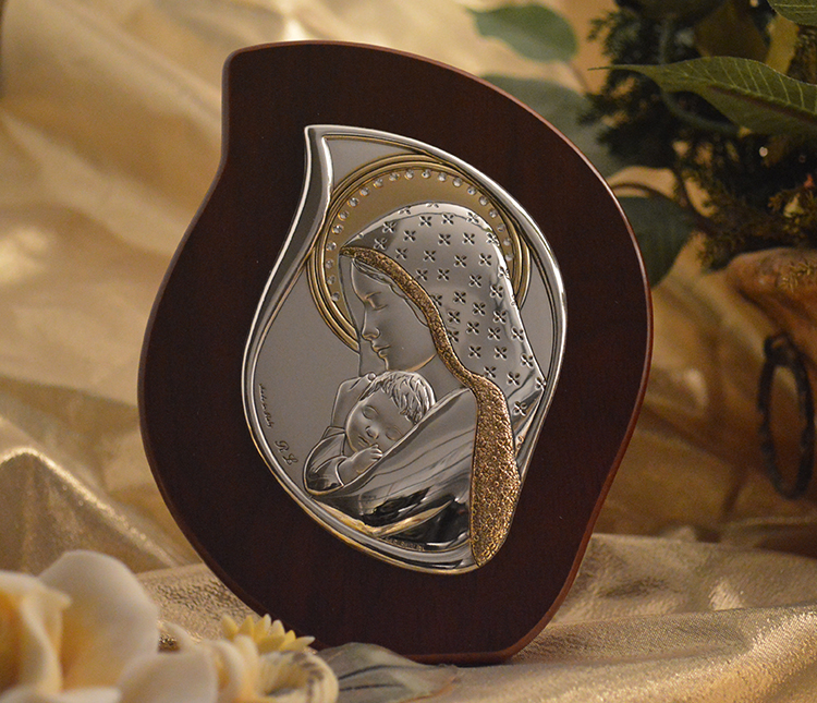 Icon Italian Silver Madonna & Child Wood Plaque