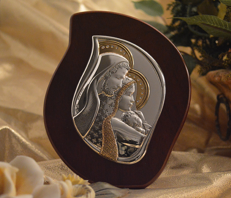 Icon Italian Silver Holy Family Profile Wood Plaque