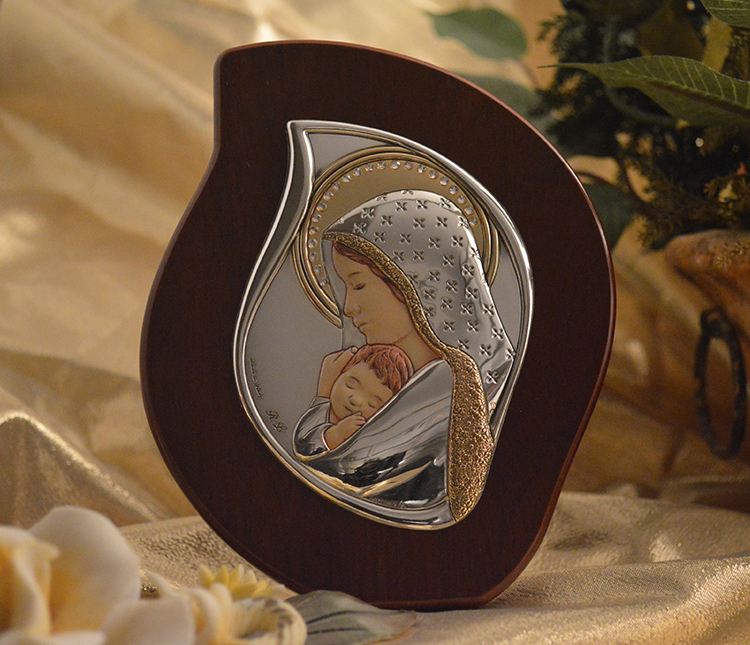 Icon Italian Silver Colored Madonna & Child Wood Plaque