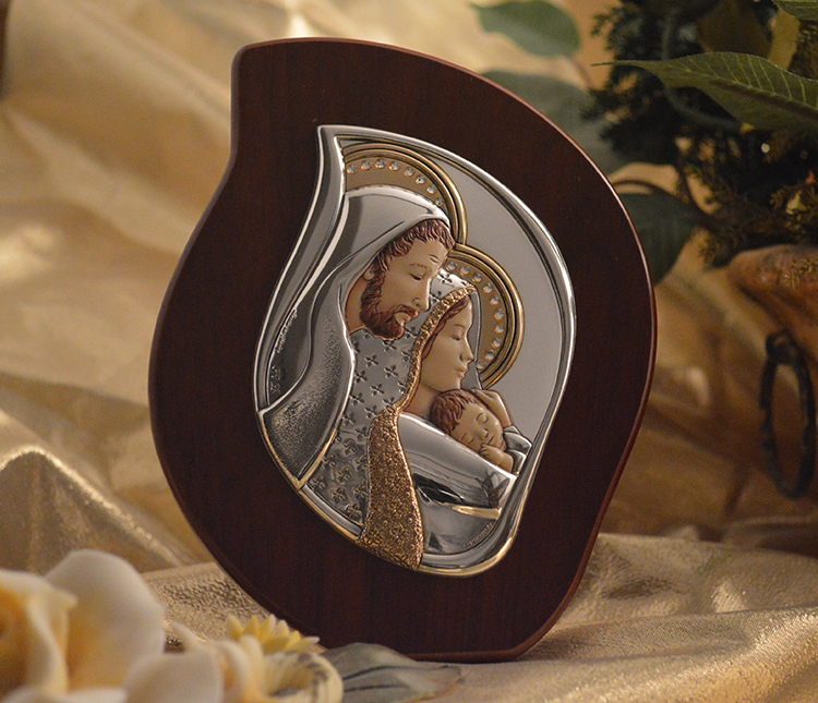 Icon Italian Silver Colored Holy Family Profile Wood Plaque