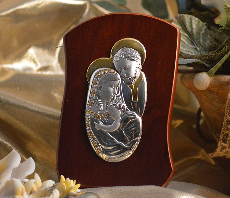 Icon Italian Silver Holy Family Wood Plaque