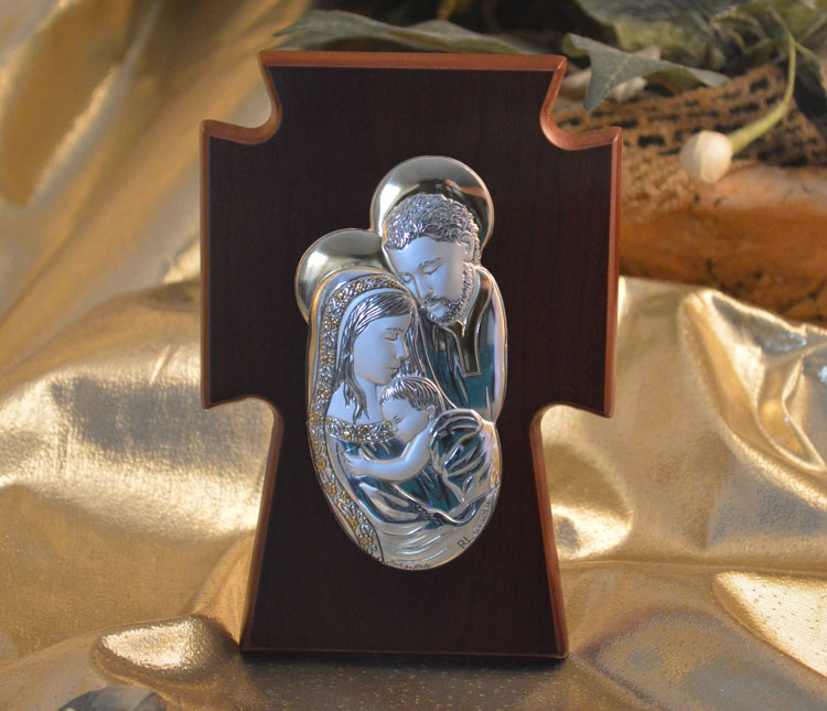 Icon Italian Silver Holy Family Wood Plaque Cross