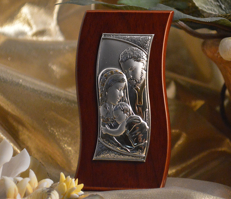 Icon Italian Silver Holy Family Wood Plaque Wave