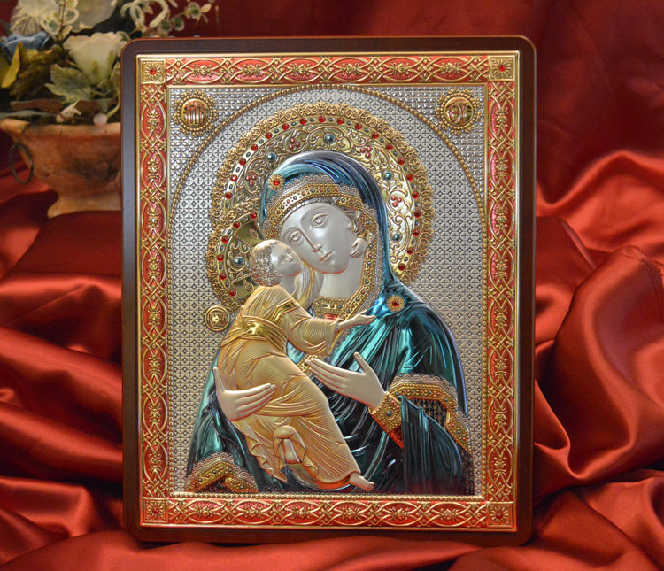 Icon Italian Silver Our Lady of Vladimir Wood Plaque