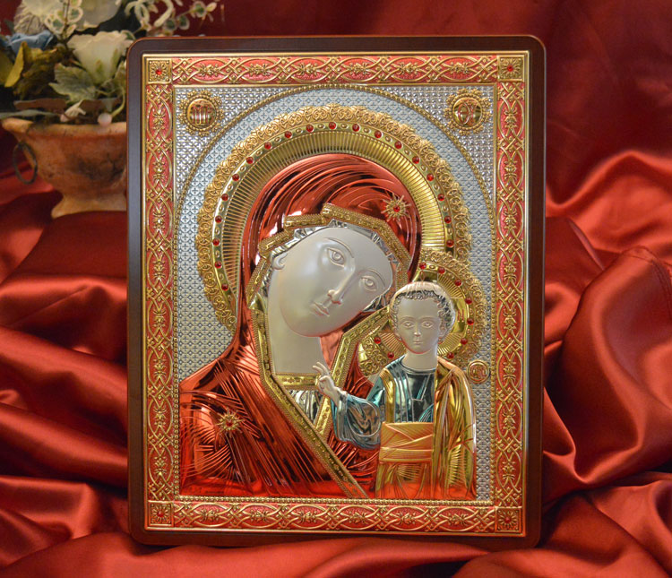 Icon Italian Silver Our Lady of Kazan Wood Plaque