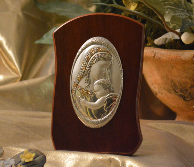 Icon Italian Silver Madonna & Child Wood Plaque